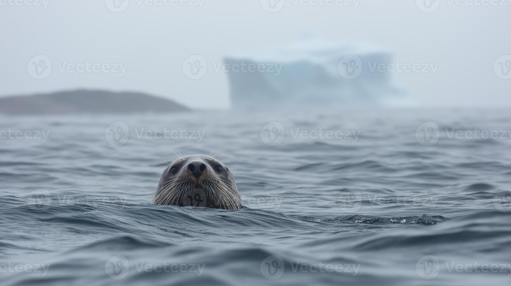 A curious seal emerges from the water, surrounded by fog and distant icebergs in the Arctic. photo
