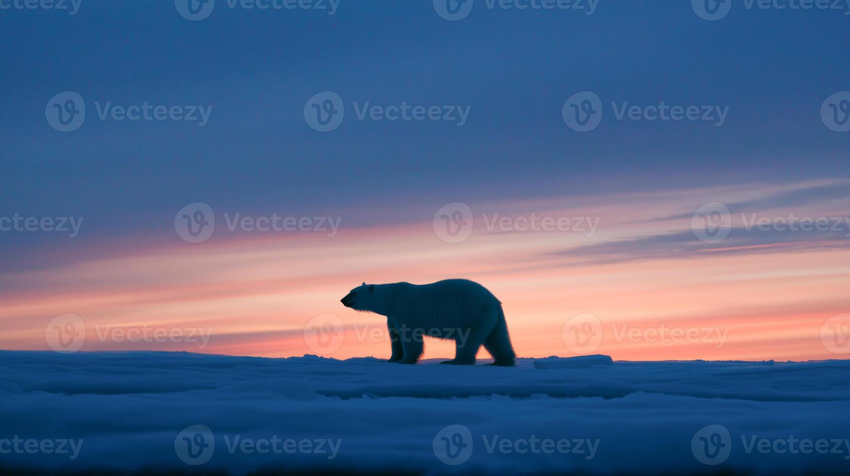 A polar bear strolls on icy terrain under a twilight sky with vibrant hues of orange and blue. photo