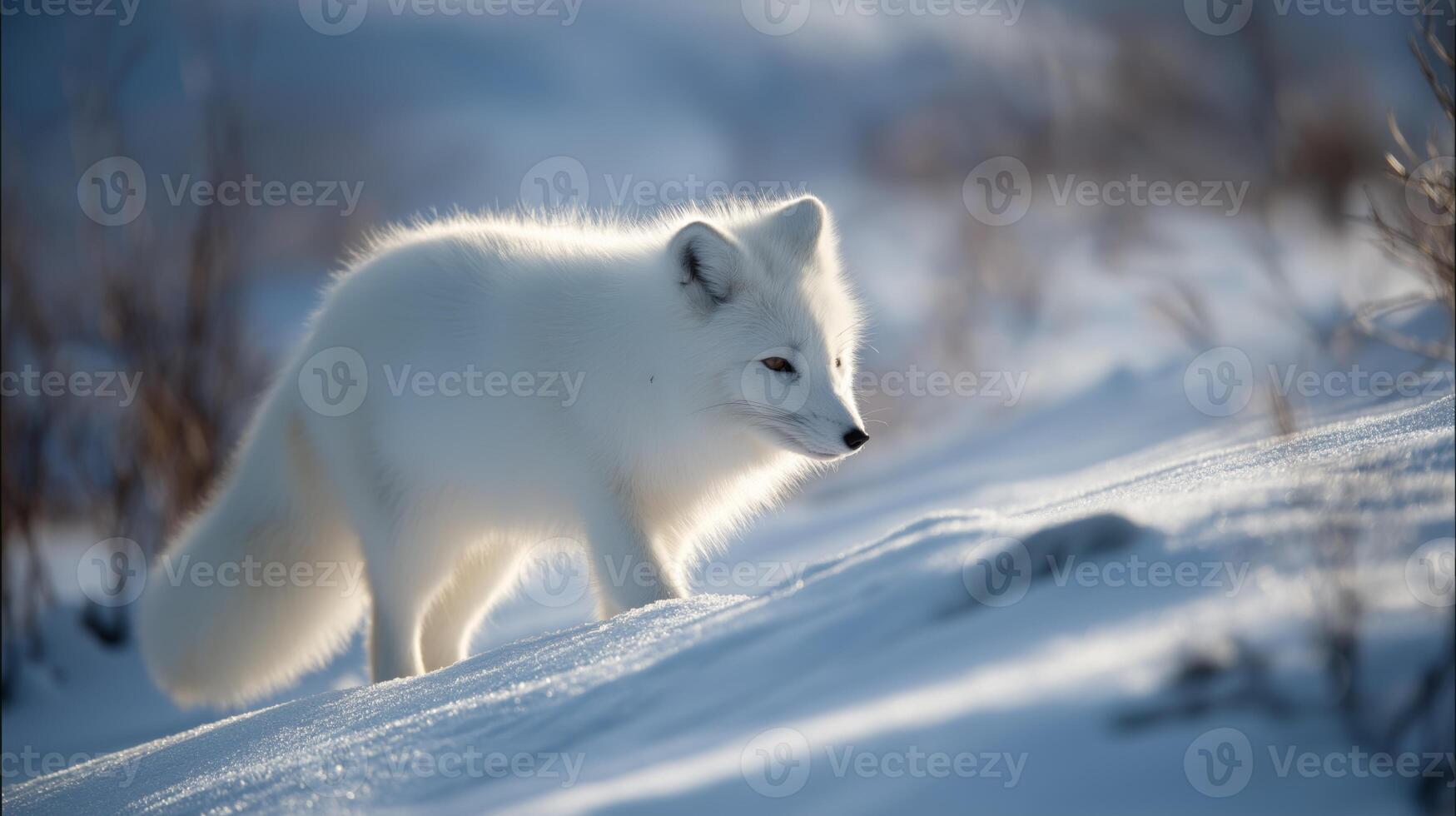 A lone arctic fox navigates the snowy landscape, alert to its surroundings. photo