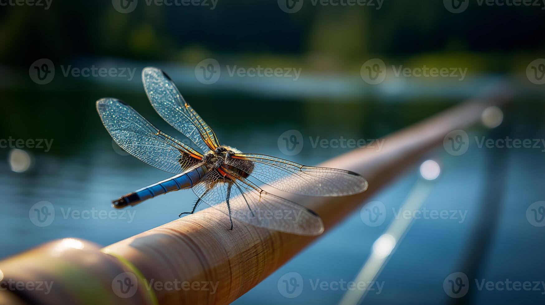 A dragonfly perches on a bamboo pole by a serene lake, sparkling in the sunlight. photo