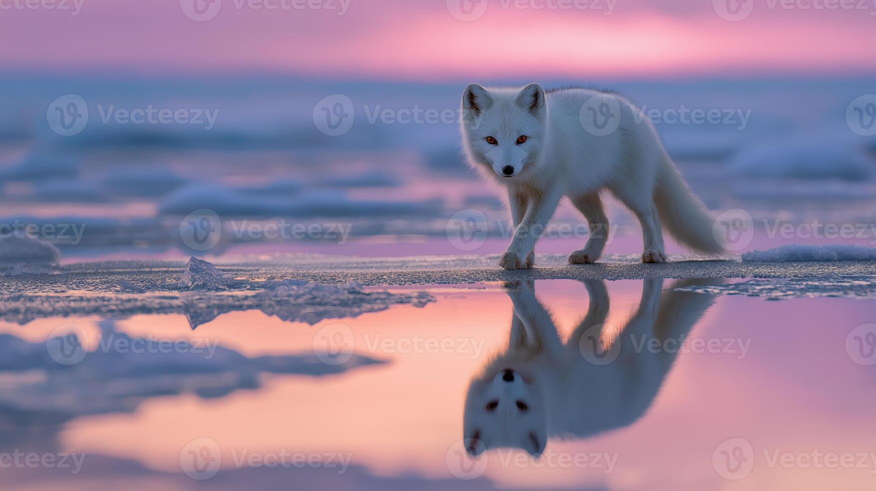 An arctic fox explores a frozen landscape, with vibrant sunset colors mirrored in the ice. photo