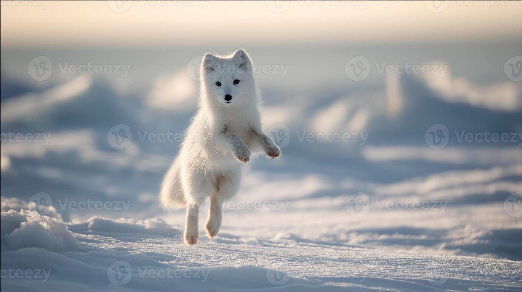 A playful arctic fox gracefully jumps through the pristine snow on a bright winter day. photo
