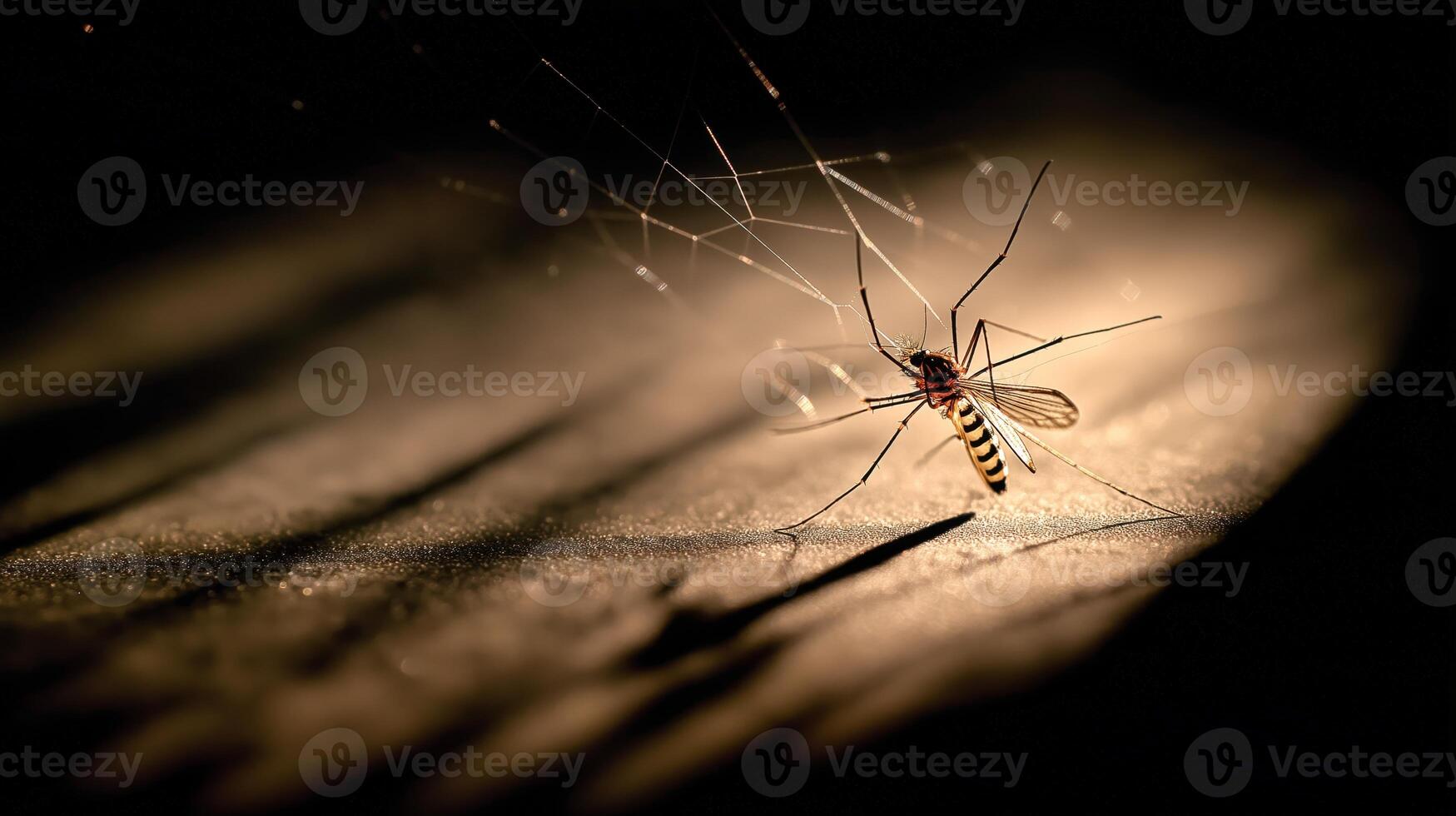 A mosquito is ensnared in a delicate spider web, illuminated by soft light in a shadowy setting. photo