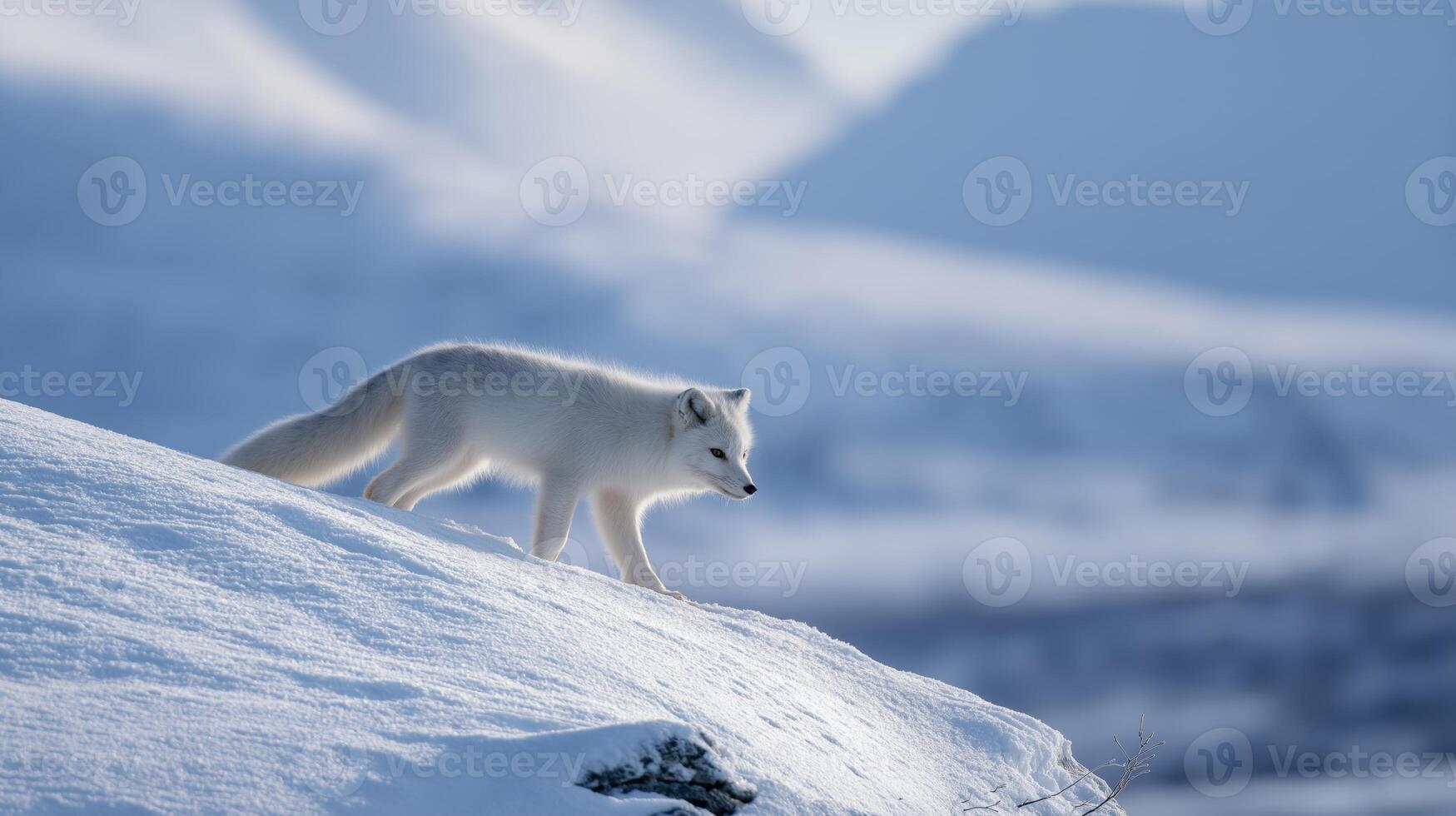 A solitary arctic fox explores a snowy terrain, showcasing its white fur in bright daylight. photo