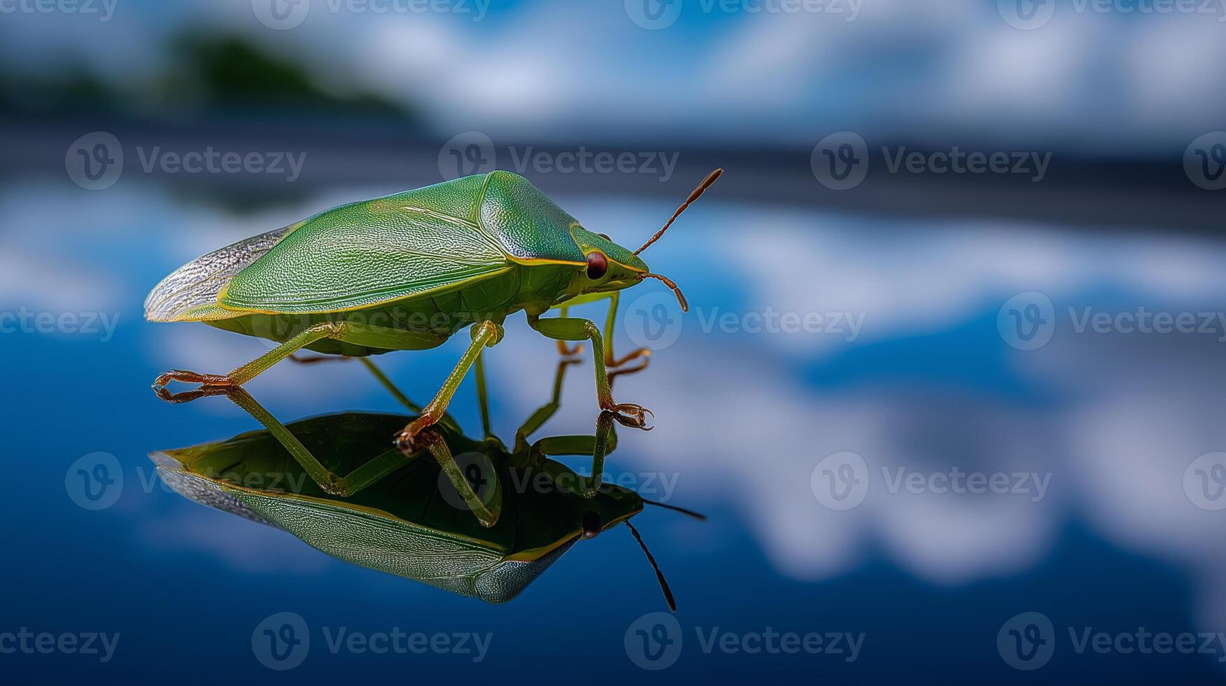 A vibrant green insect walks on a shiny surface, reflecting the beautiful blue sky and clouds above. photo