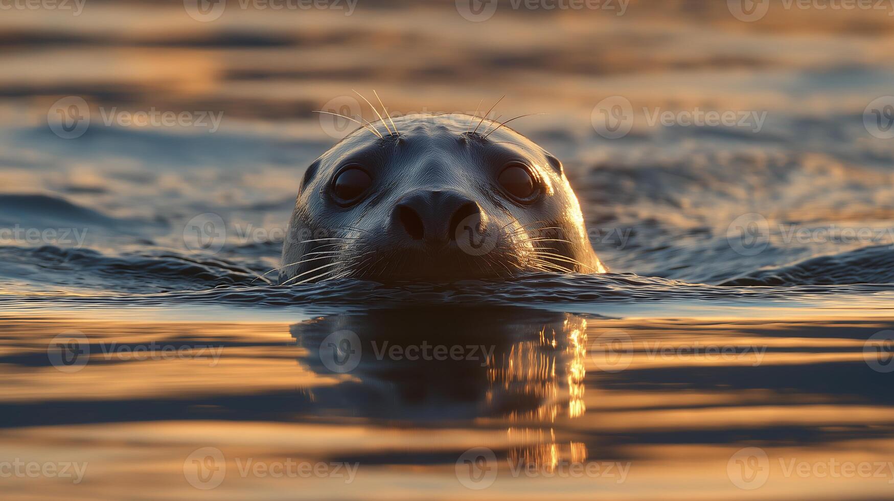 A seal swims gracefully in still waters as the sun sets, reflecting warm colors on the surface. photo