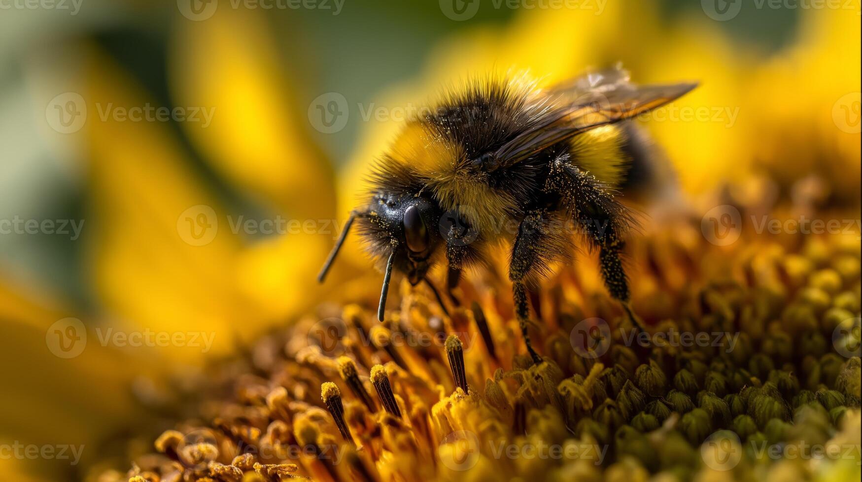 A bee collects pollen from the center of a bright sunflower during a sunny day. photo