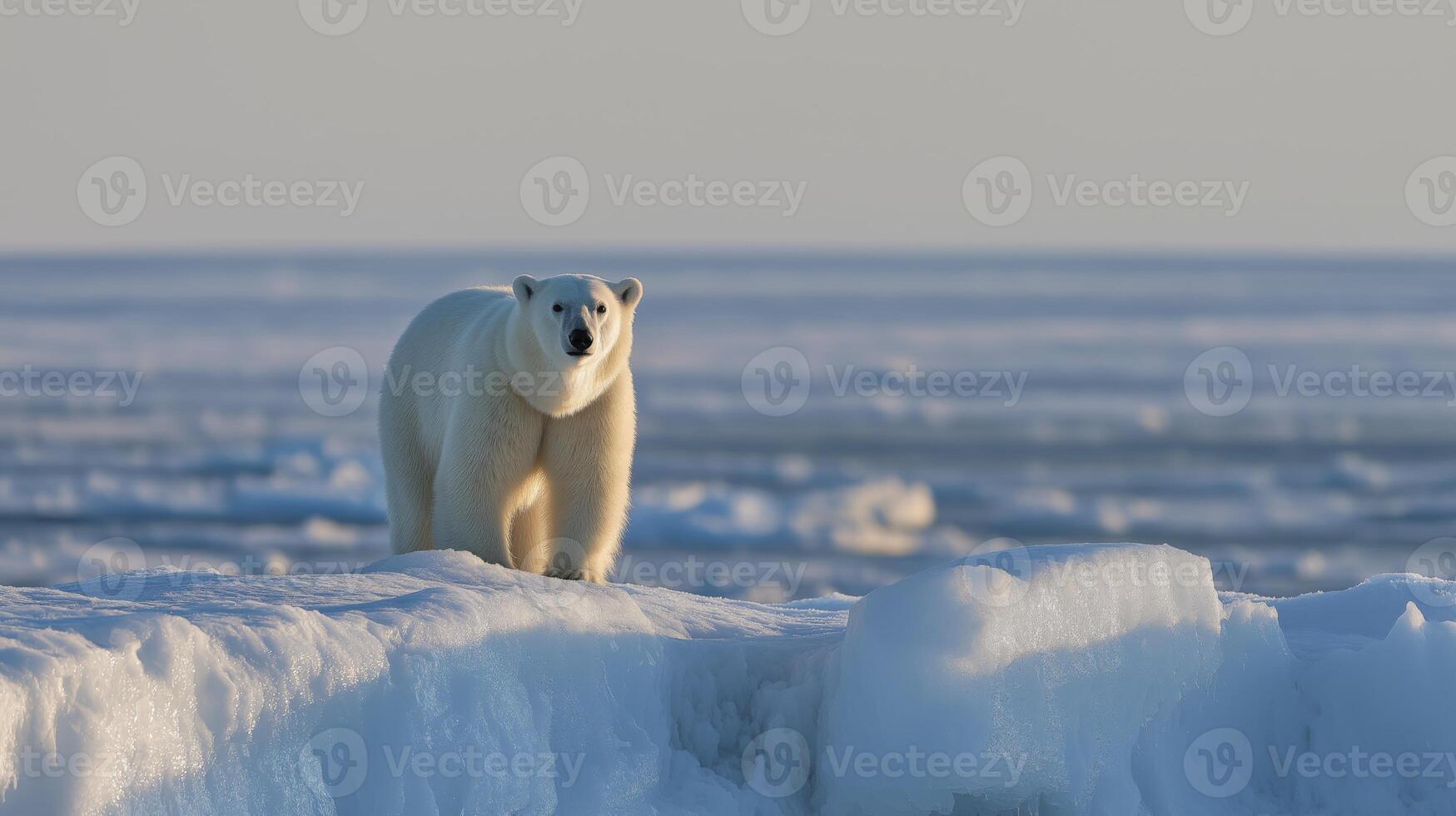 Polar bear roams the serene, frozen landscape beneath a clear Arctic sky. photo
