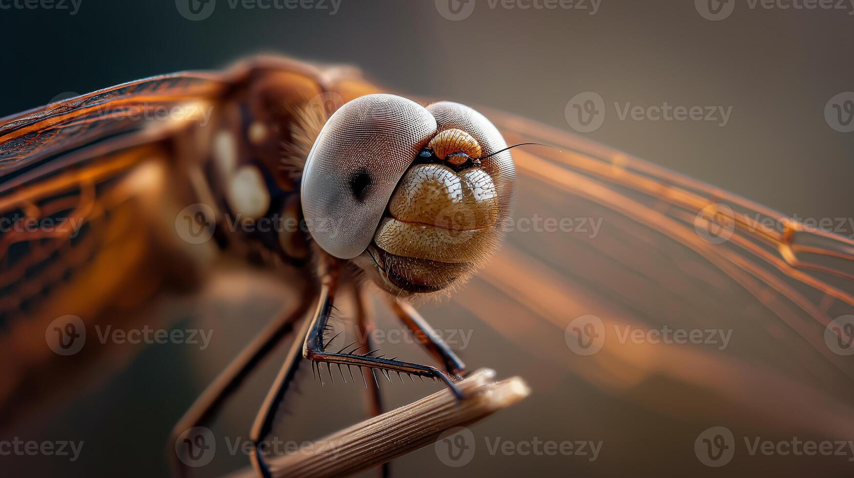 A detailed observation of a dragonfly showing its intricate eyes and wings while sitting on a twig. photo