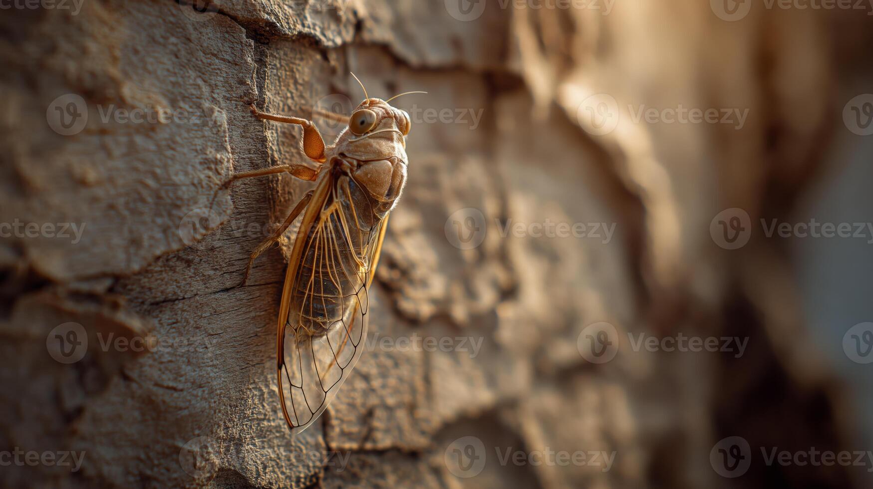 A cicada perches on rough tree bark, illuminated by warm summer sunlight, showcasing its details. photo