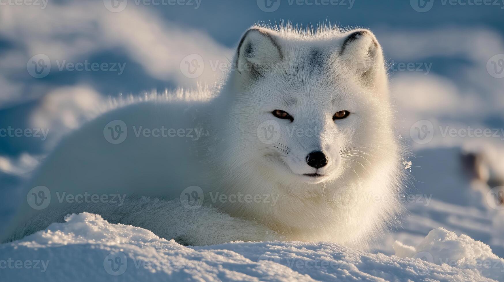 A white Arctic fox lounges on pristine snow, basking in sunlight during wintertime. photo