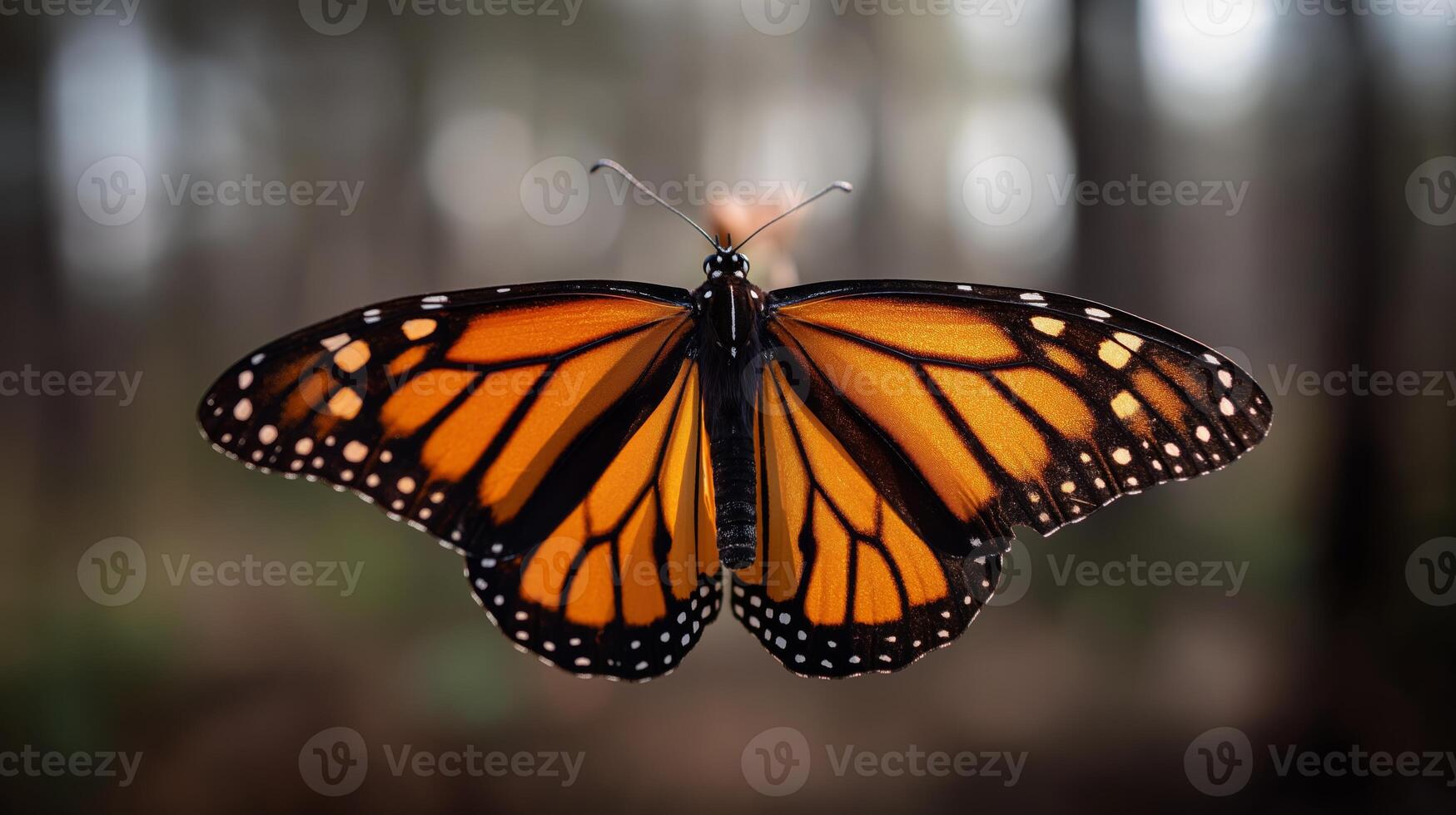 Colorful monarch butterfly showcases its striking patterns while resting in a forest environment. photo