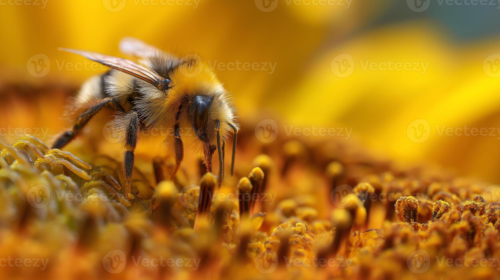 A bee is actively gathering pollen from the center of a sunflower in a vibrant garden. photo