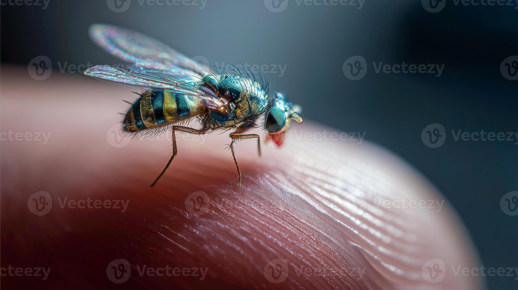 A small, vibrant insect perches on a human finger, showcasing intricate details and colors. photo