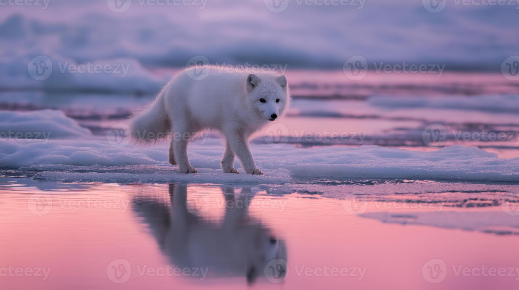 An arctic fox explores the icy terrain as the sunset casts vibrant colors on the water below. photo