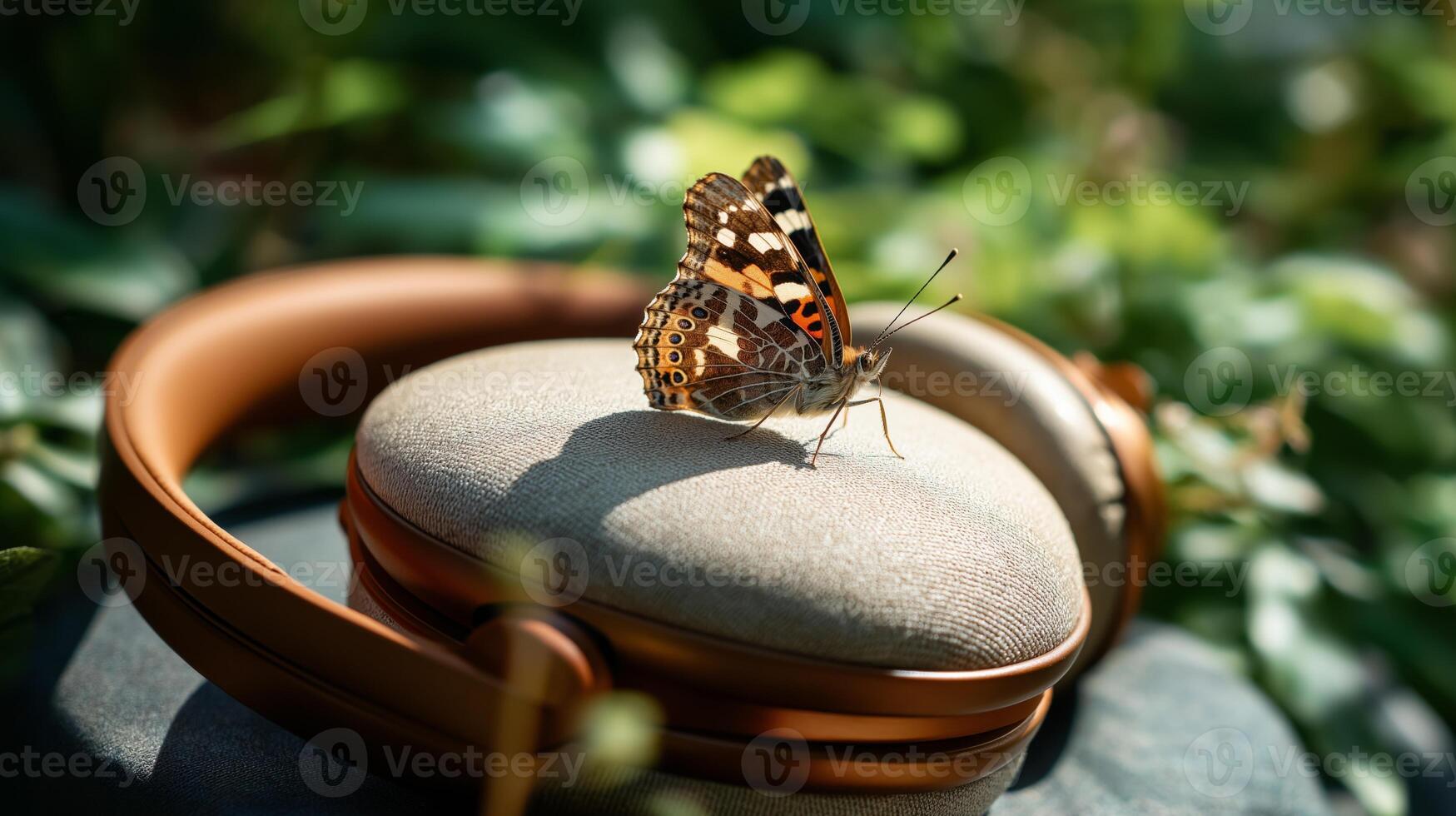 A colorful butterfly rests delicately on a pair of headphones while surrounded by lush greenery. photo