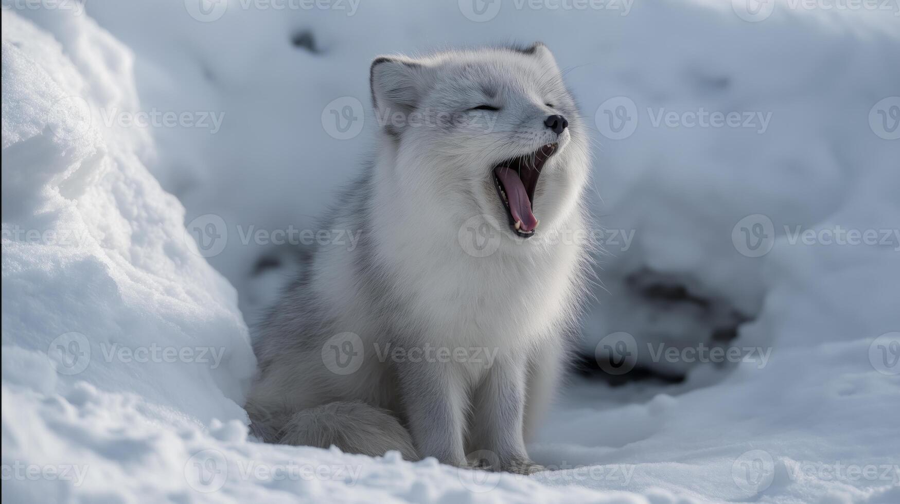 An arctic fox sits in the snow, yawning and enjoying the cold winter day in its natural habitat. photo