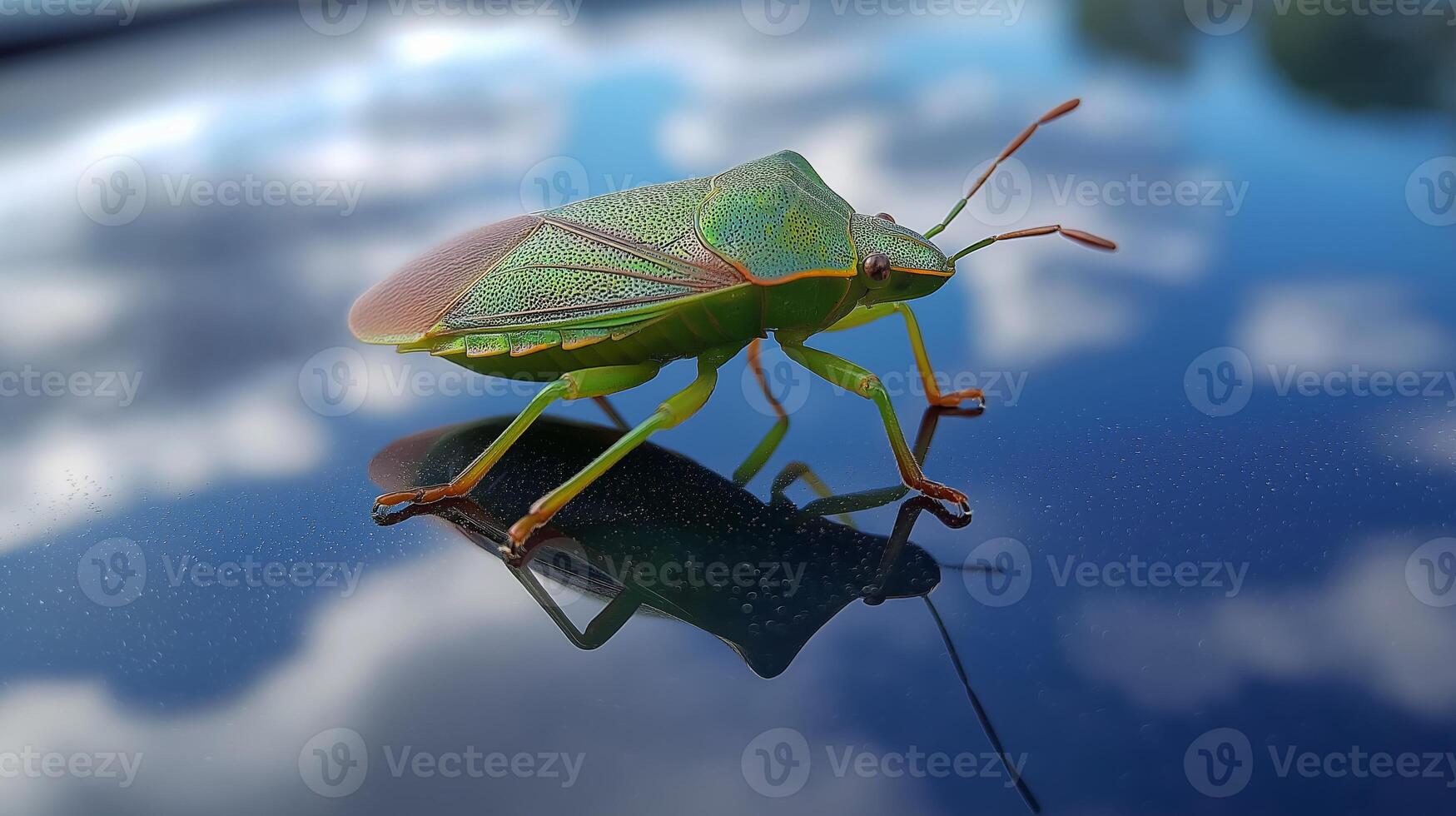 A colorful green insect crawls on a shiny surface, reflecting the beautiful sky and clouds above. photo