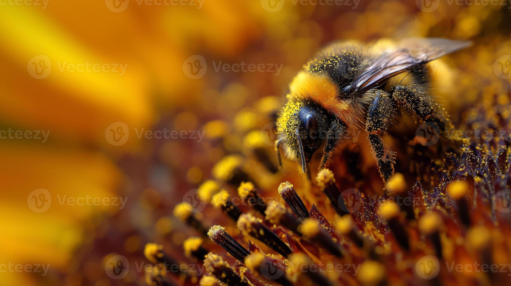 A bee gathers pollen from the center of a colorful flower in a warm garden environment. photo