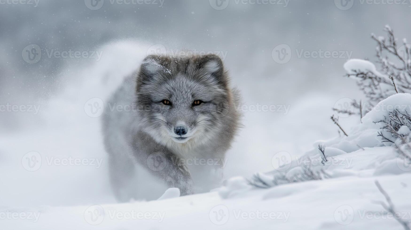 An arctic fox moves gracefully through thick snow, showcasing its thick fur and keen expression. photo