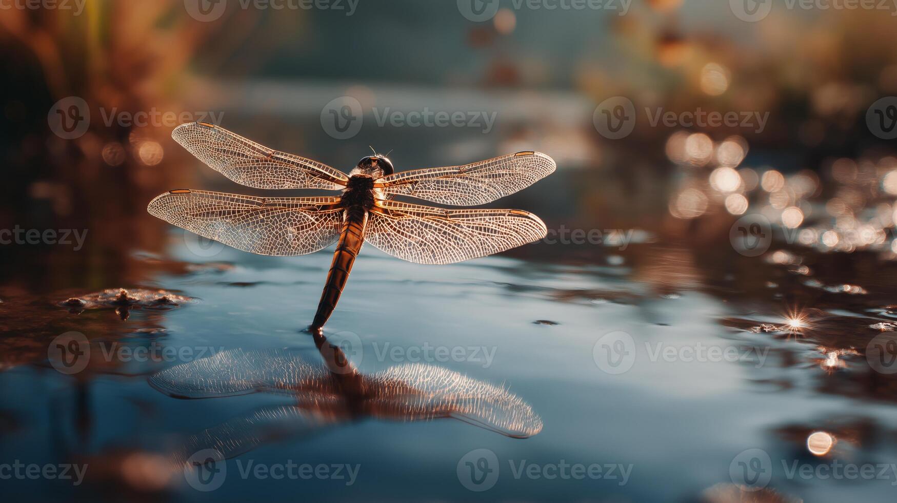 A dragonfly perches gracefully on still water, capturing the warm glow of sunset. photo