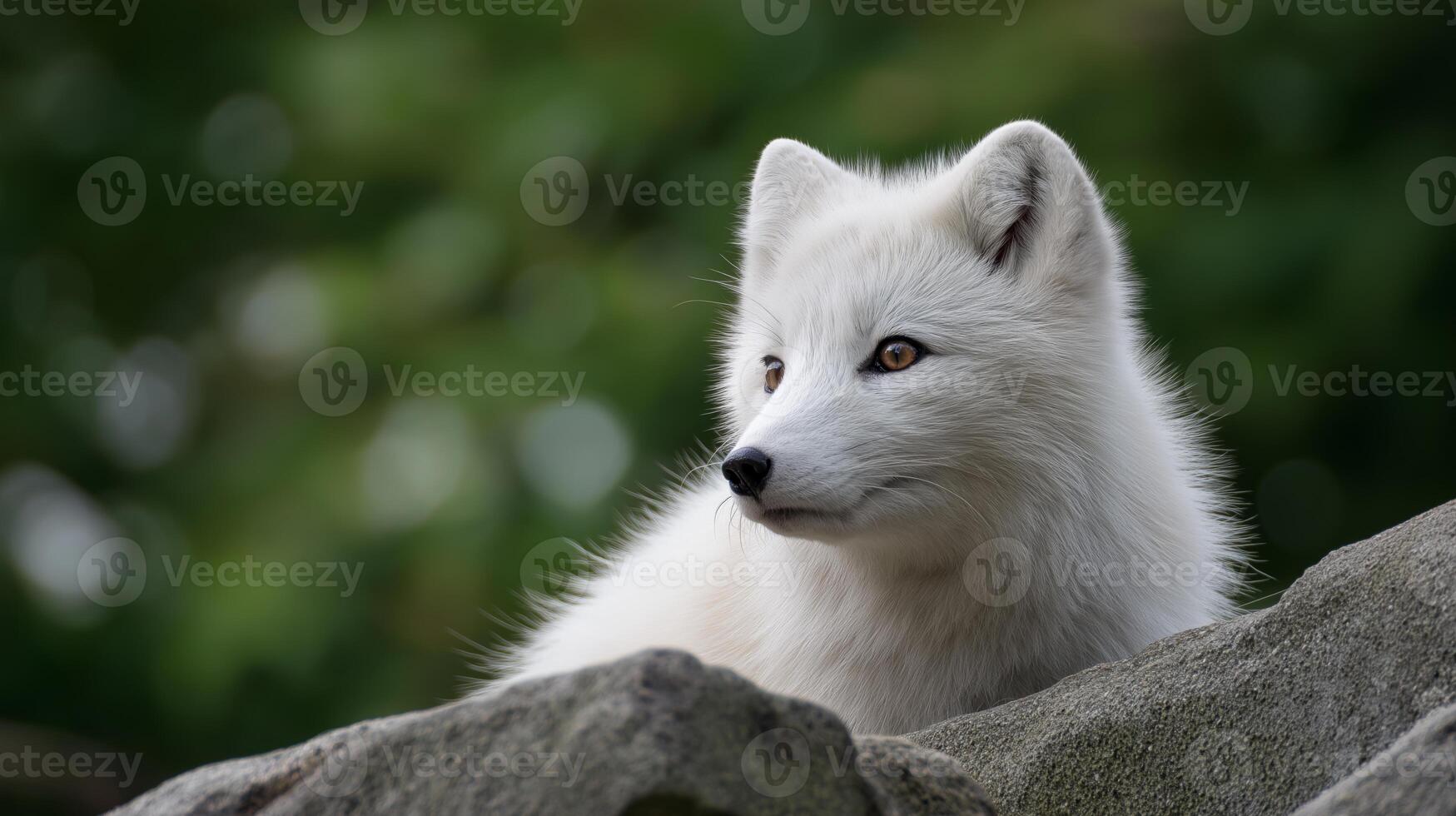 A white Arctic fox is perched on a rock, observing its surroundings in a lush green environment. photo