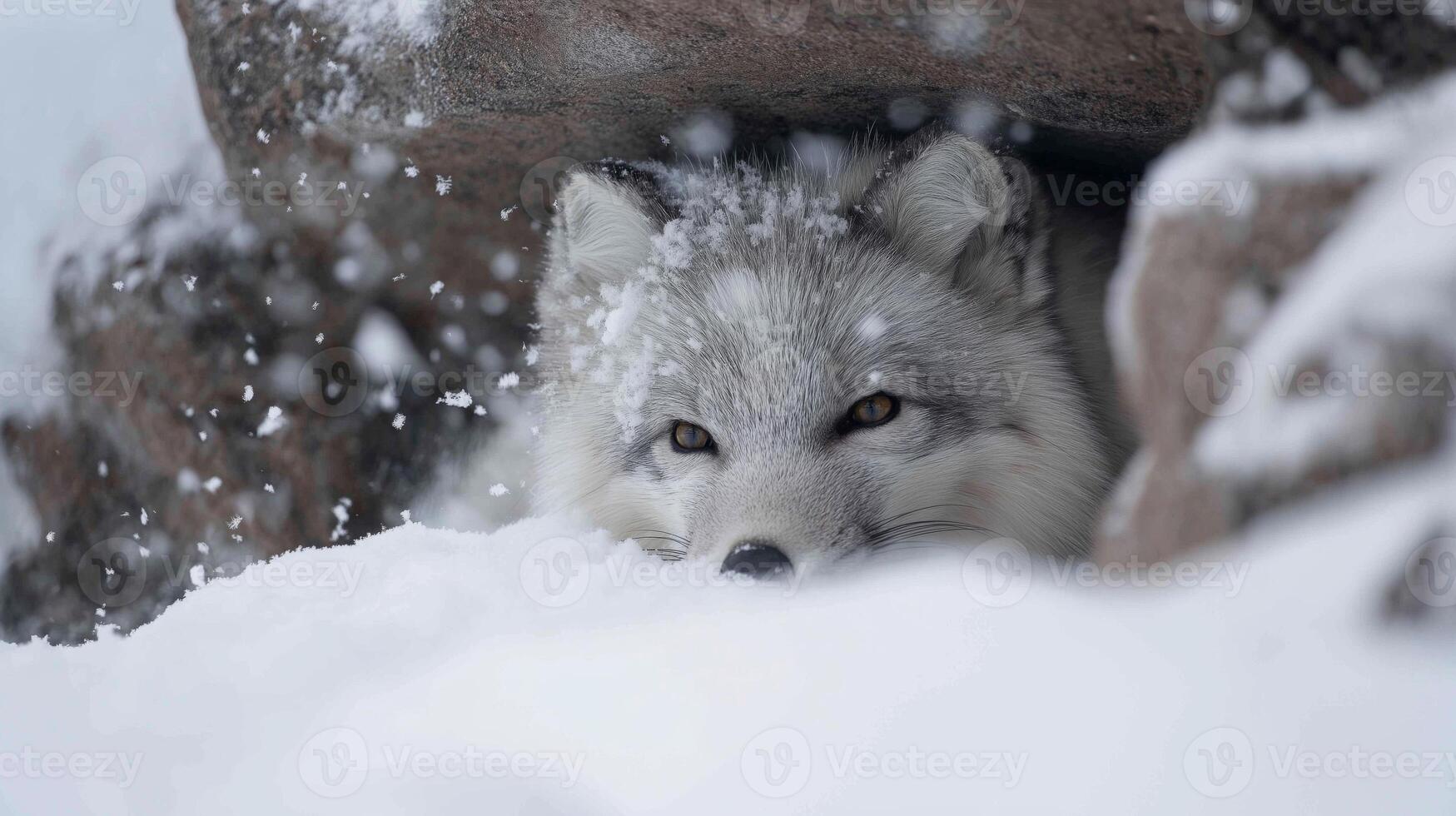 An arctic fox peeks from its snow-covered den, surrounded by a winter wonderland of falling snow. photo