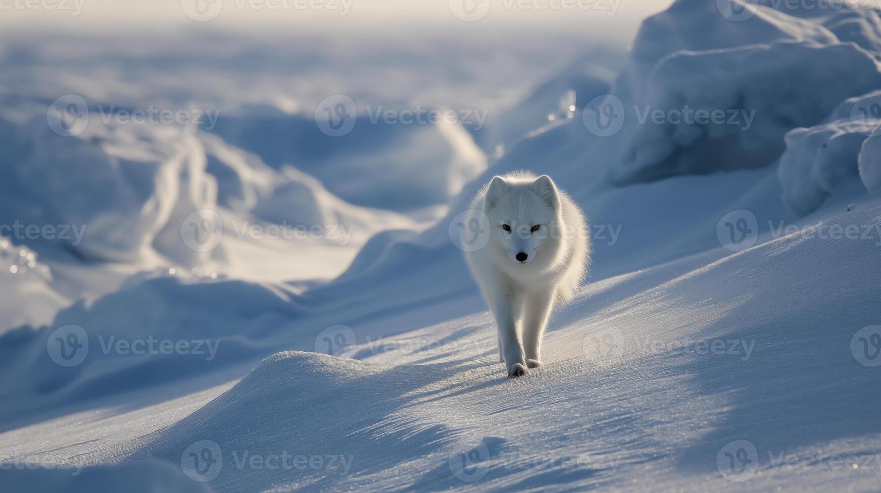 A white arctic fox walks elegantly over the snow in a vast, icy environment during winter. photo