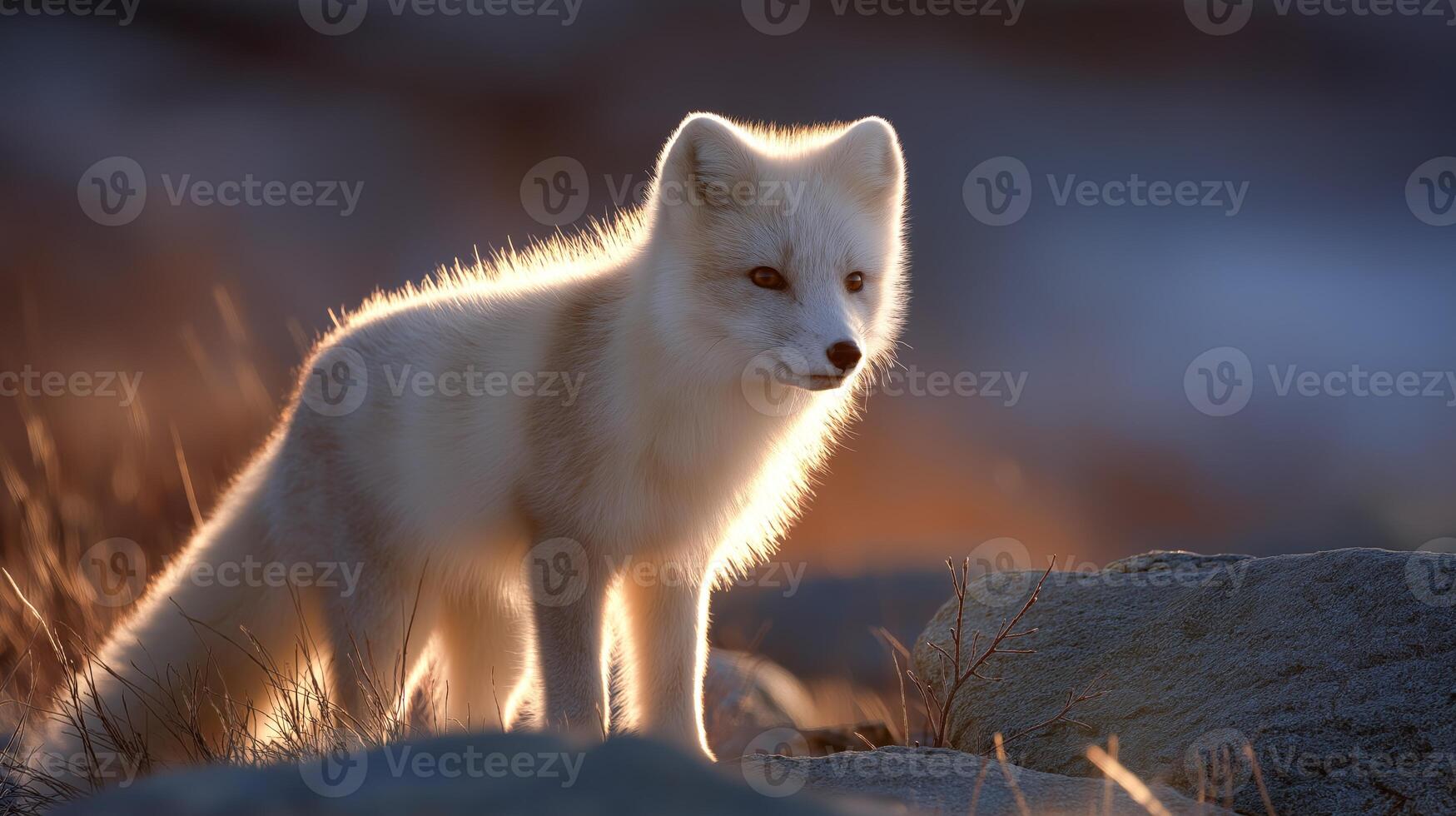A stunning arctic fox gazes intently while bathed in soft, warm light at sunset. photo