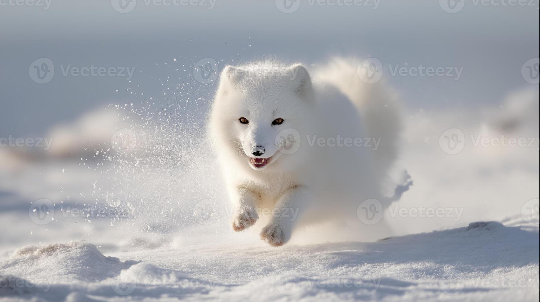 A white fox joyfully dashes through fresh snow, creating sparkles in the sunlight. photo