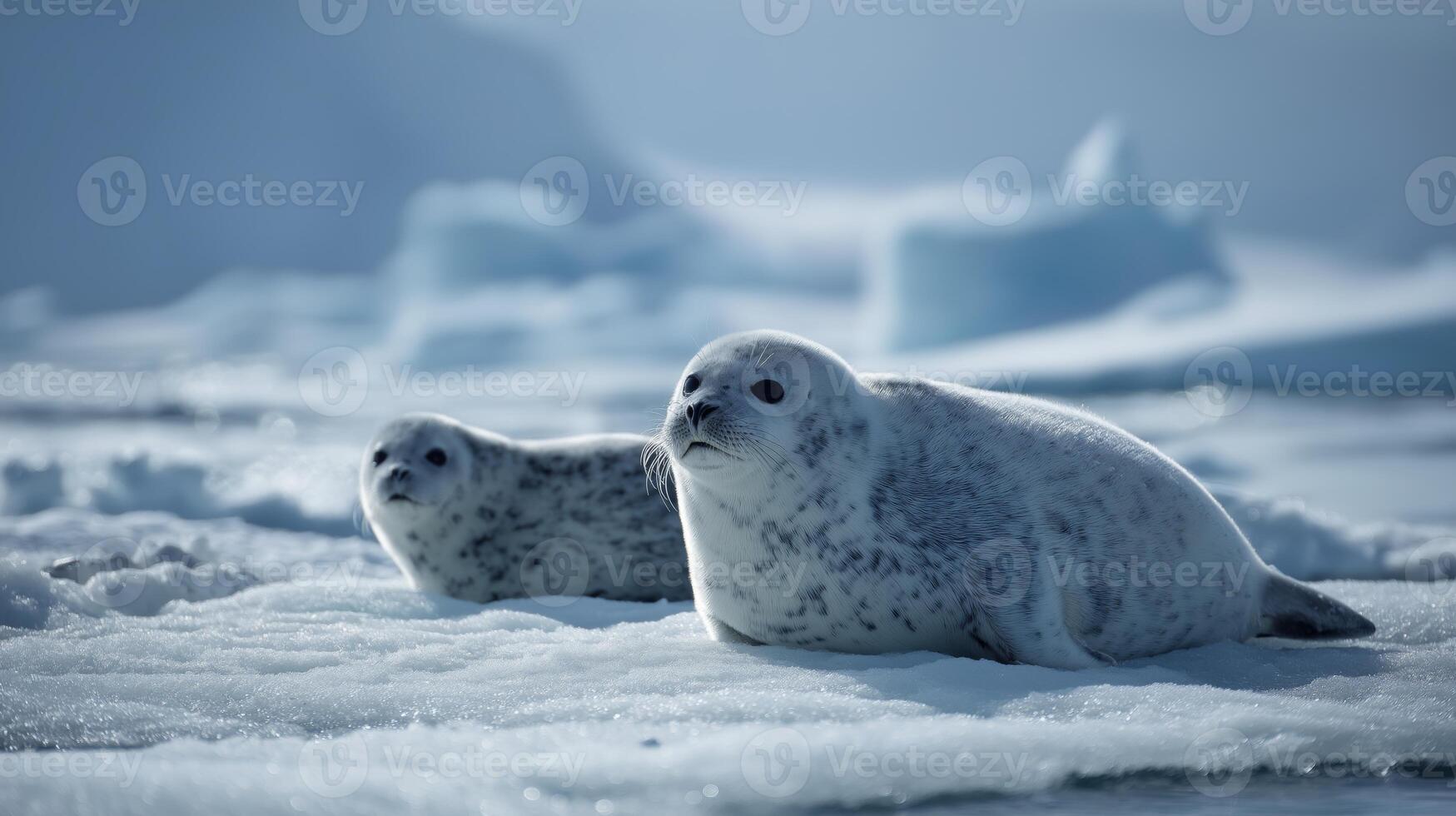 Two seals lounge on icy terrain, enjoying the serene polar environment on a calm morning. photo