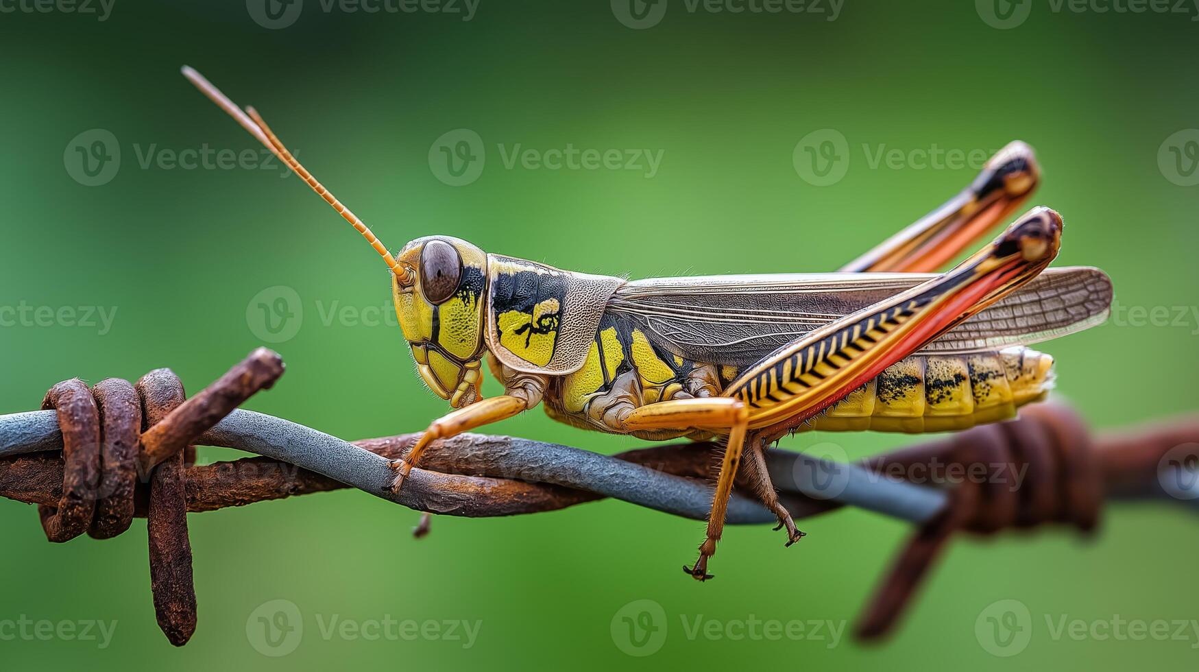 A vibrant grasshopper sits quietly on aged barbed wire against a lush green background. photo