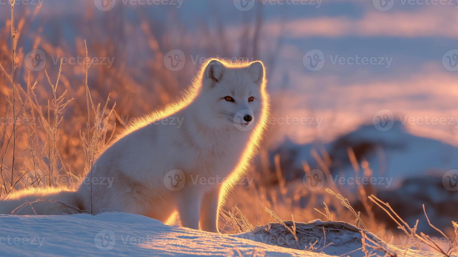 A graceful Arctic fox in the snow glows in the warm light of dusk, flaunting its thick fur. photo