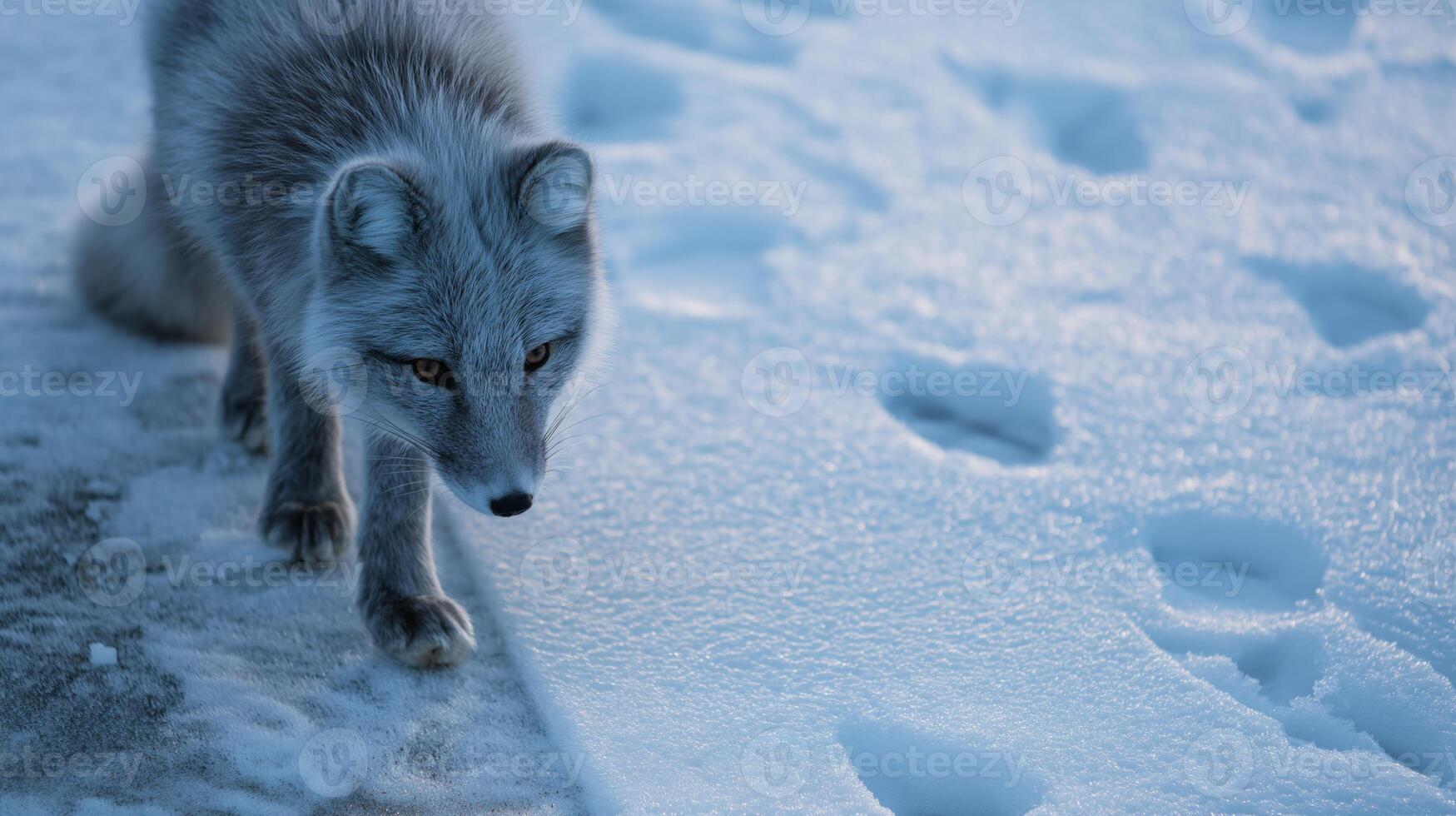 A curious Arctic fox walks across the snow, leaving tracks in the winter afternoon light. photo