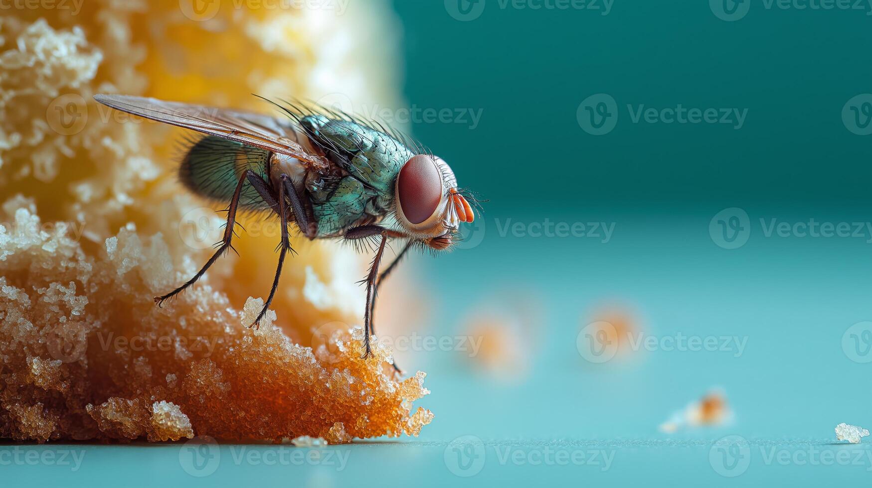 Close-up of a vibrant fly exploring sugary crust, showcasing details of its body and texture. photo