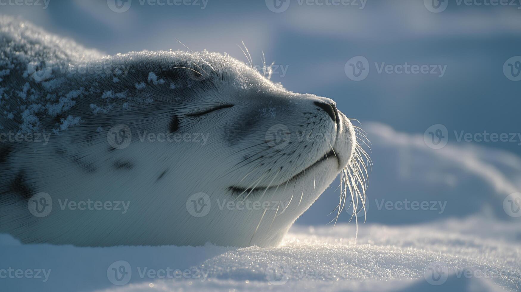 A seal enjoys a tranquil moment while resting on a snowy surface under gentle winter light. photo