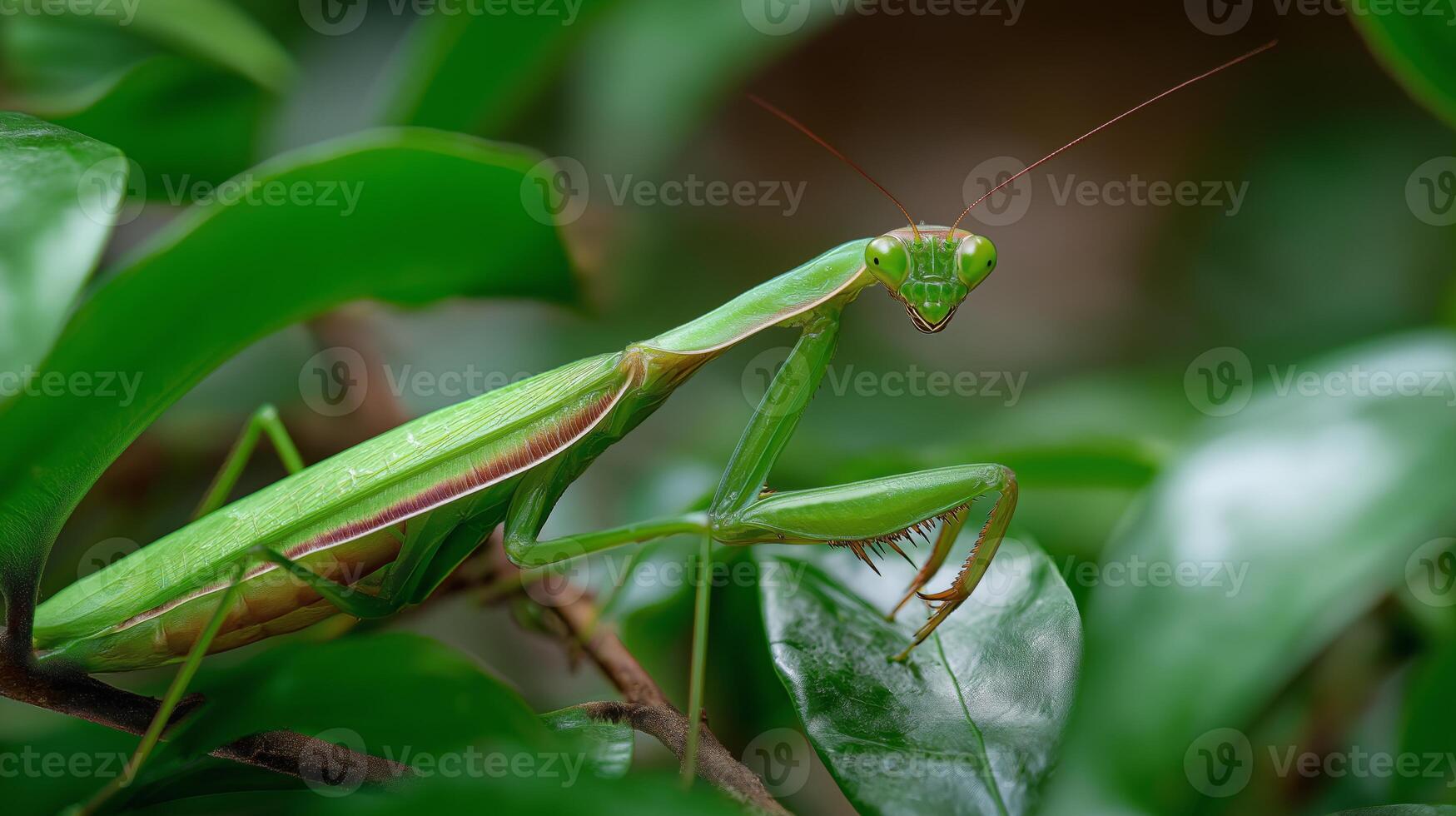 A green praying mantis poses on vibrant leaves in a garden, showcasing its intricate features. photo