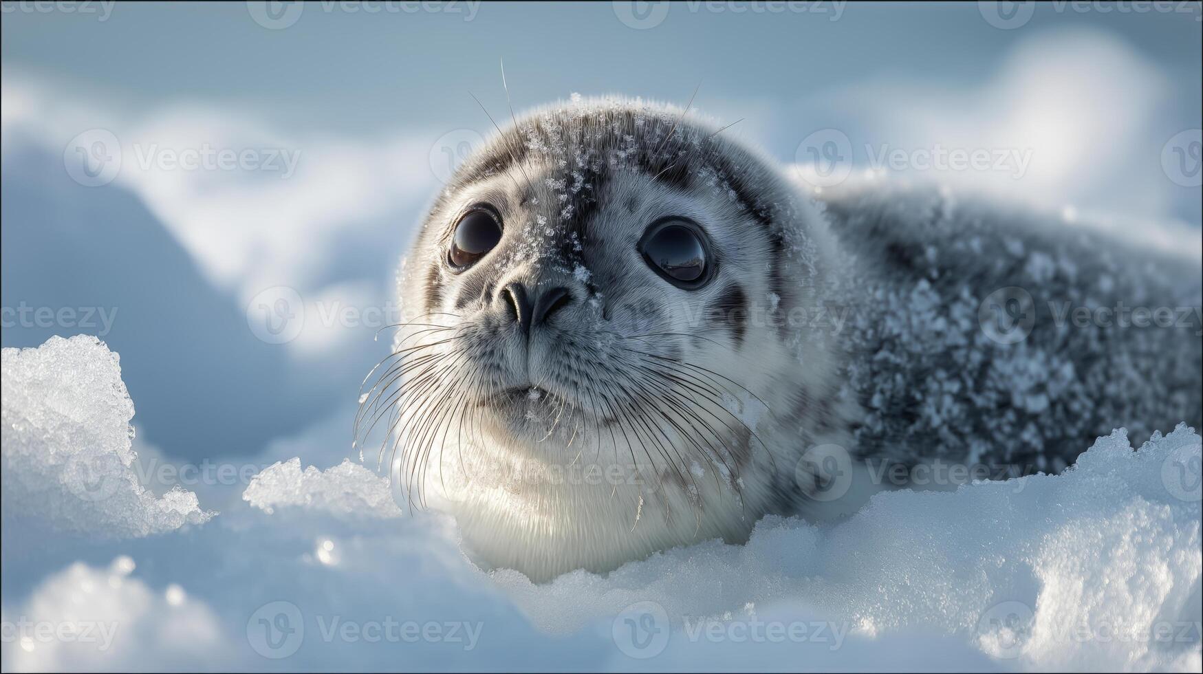 A young seal rests on the snowy surface, surrounded by ice, enjoying a quiet winter day. photo