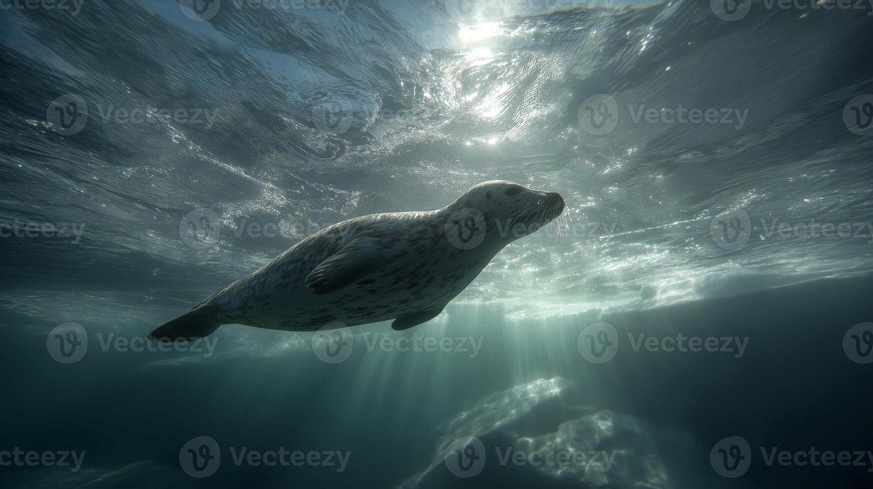 A seal glides through clear waters, lit by shimmering rays of sunlight above. photo