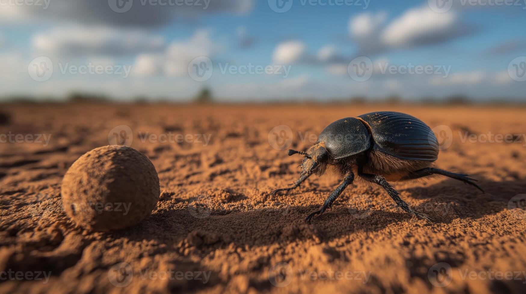A beetle maneuvers a ball of dung along the dry ground under a bright sky with clouds. photo