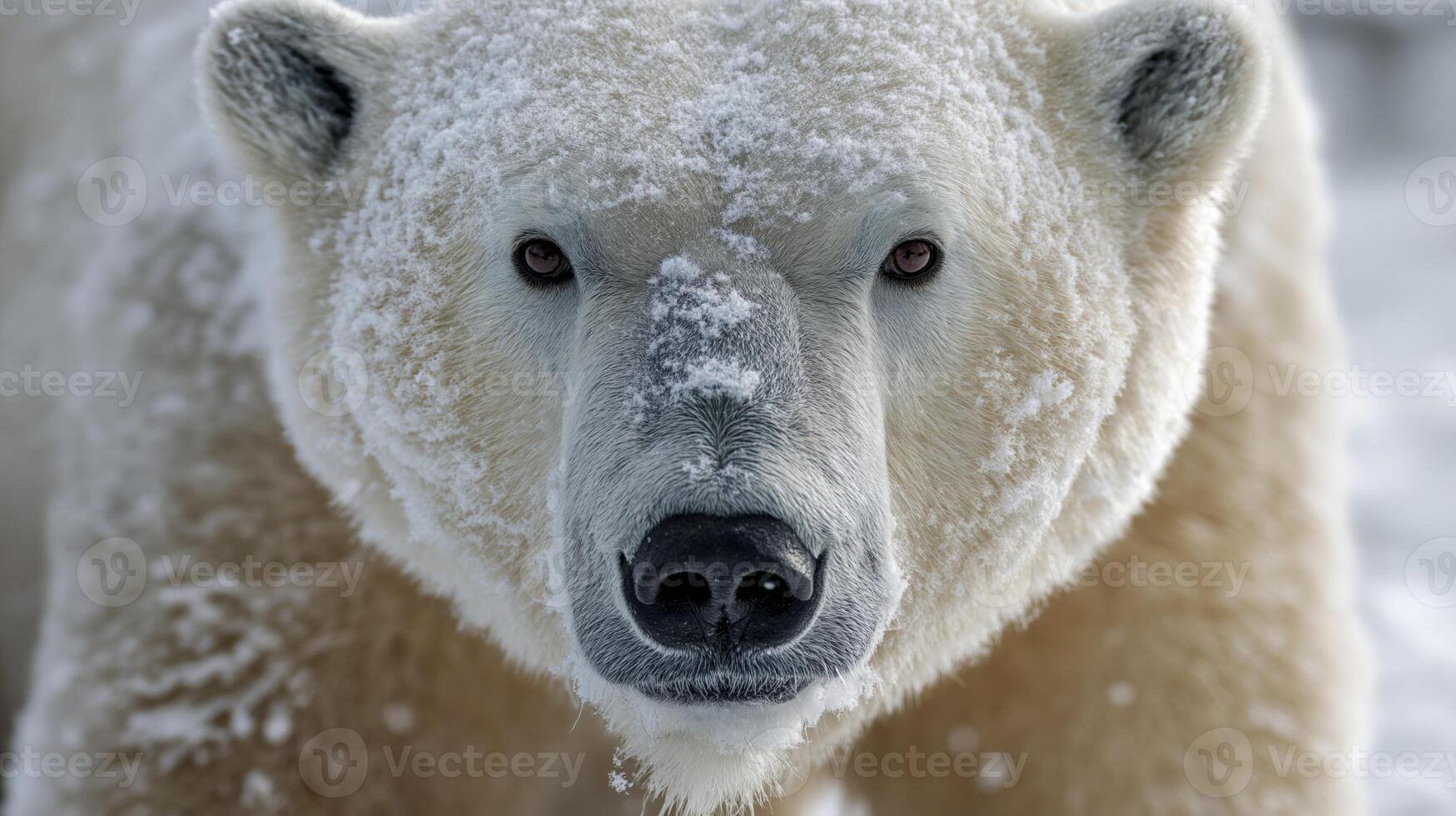A polar bear stands in a snow-covered area, showcasing its thick white fur and powerful presence. photo