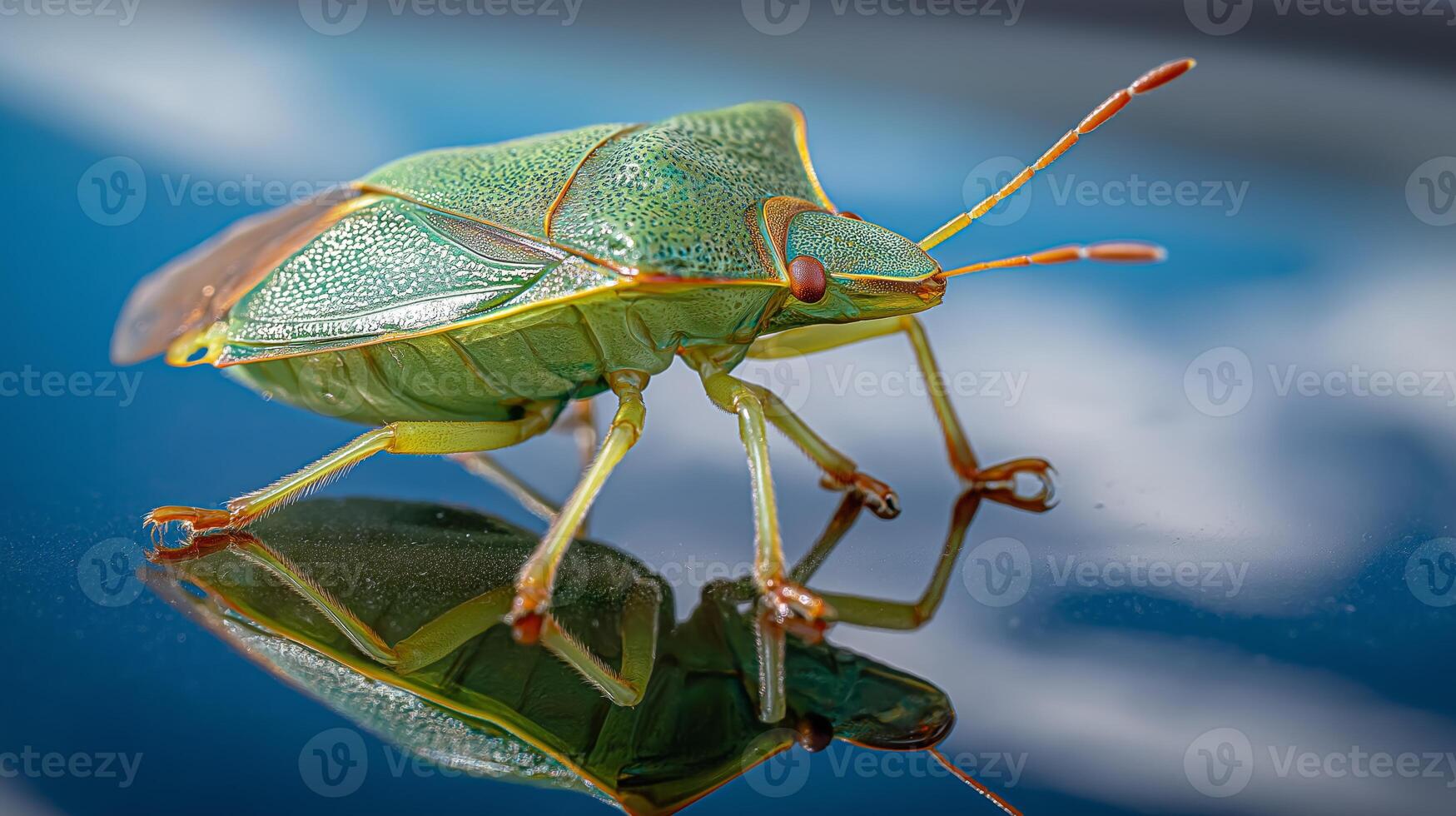 A green bug with detailed features explores a reflective surface on a sunny day. photo