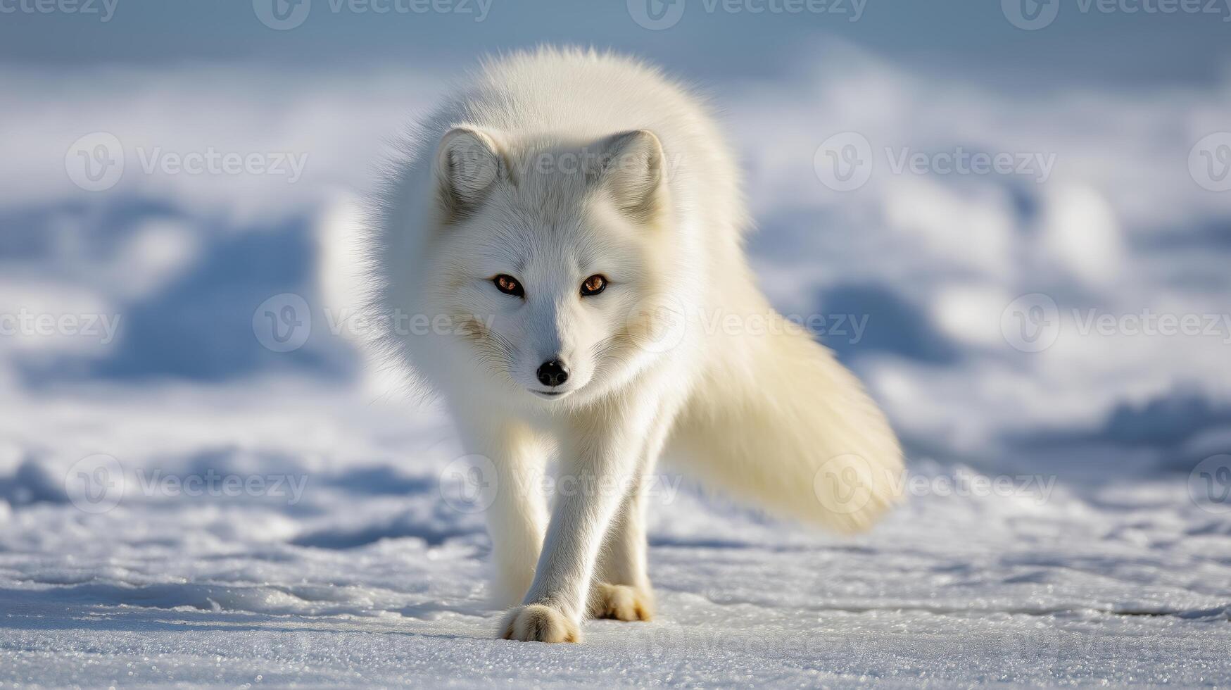 A white Arctic fox navigates through a snowy terrain during winter. photo