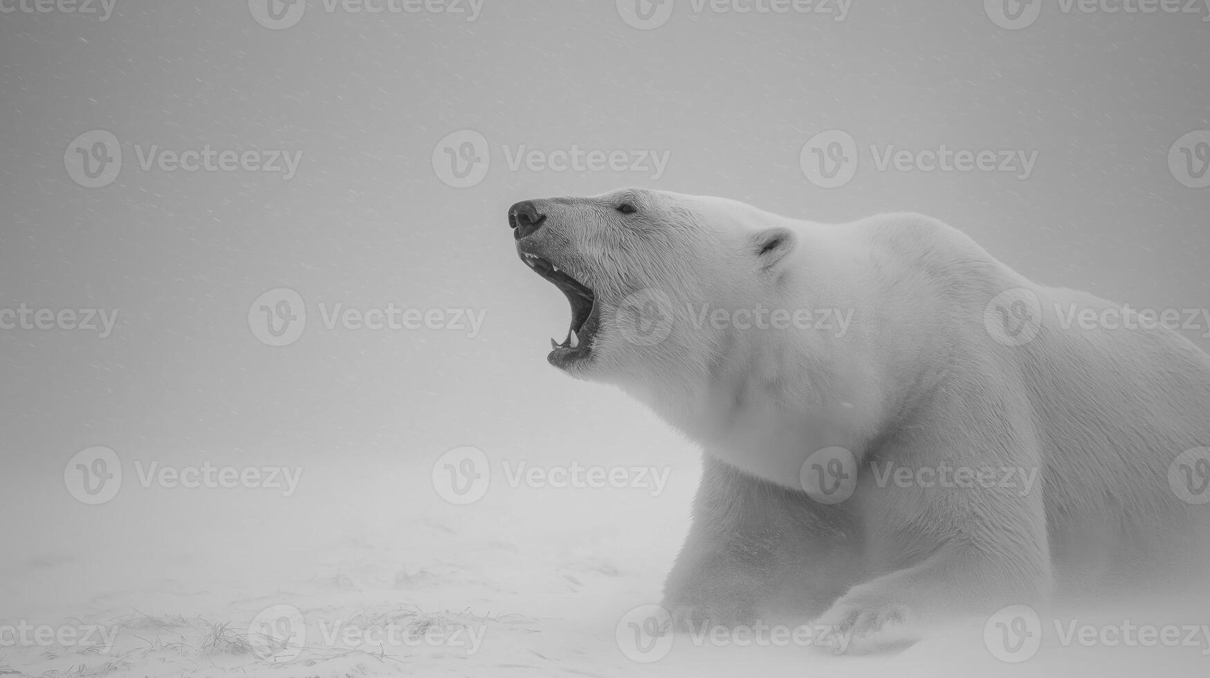 A polar bear roars in the midst of a fierce snowstorm with thick snowfall around it. photo