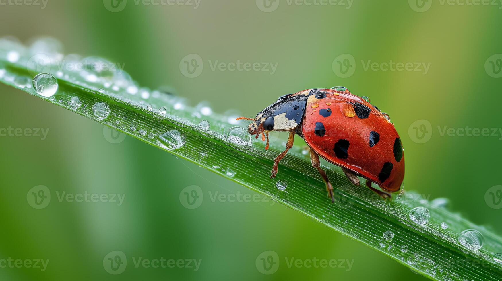 A ladybug with red wings and black spots perches on a green leaf with dew droplets. photo