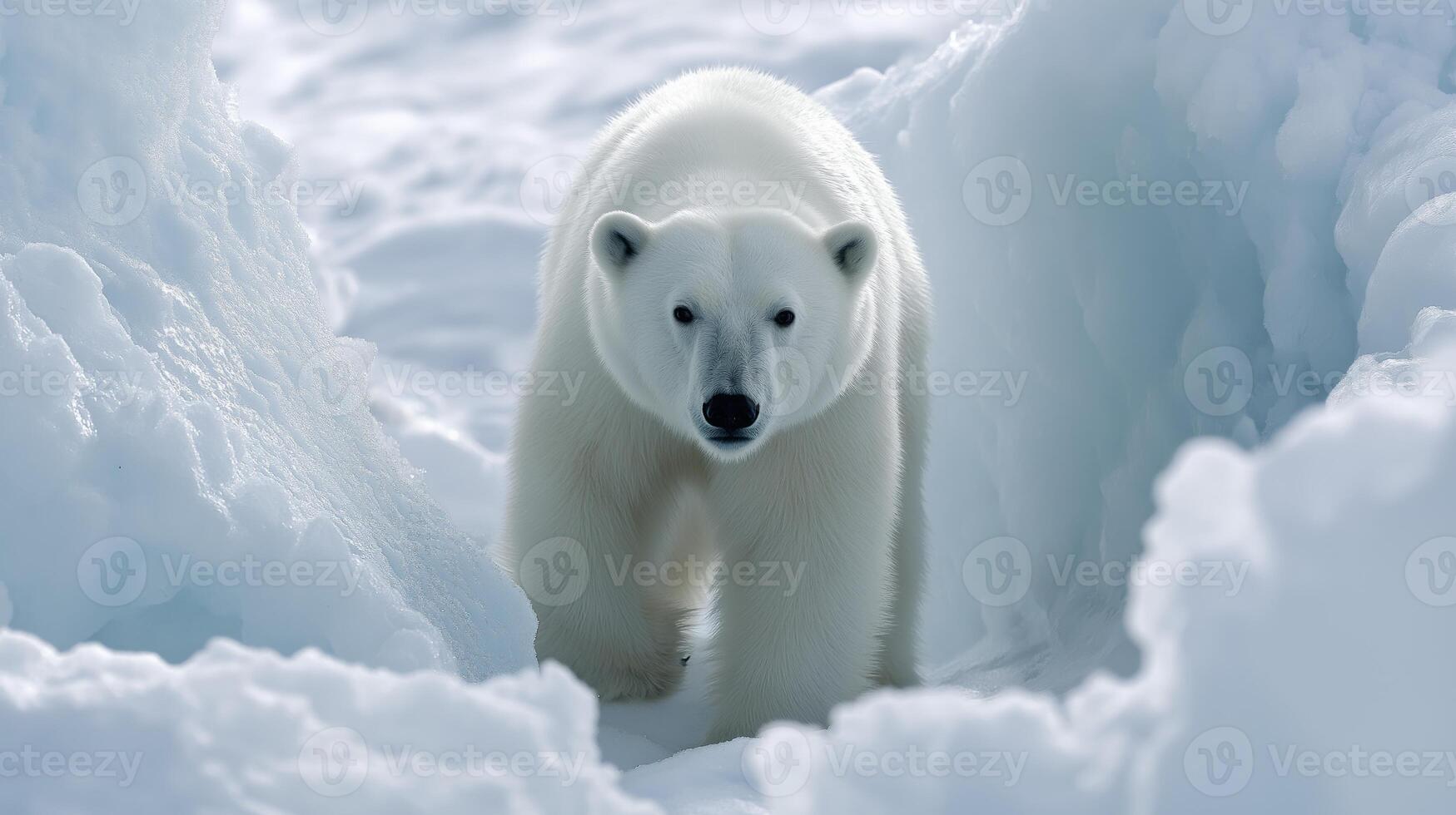 A polar bear explores a snowy landscape, showcasing its white fur against a frozen backdrop. photo