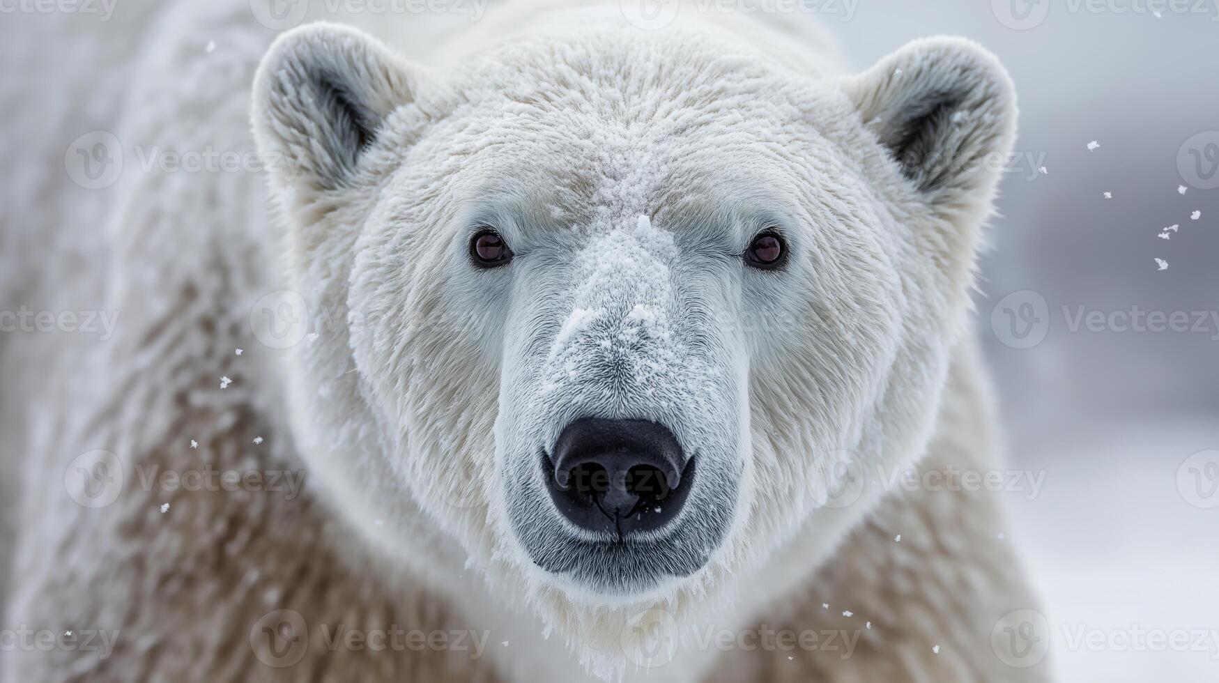 A polar bear stands in a snowy environment, its intense gaze directed at the viewer. photo