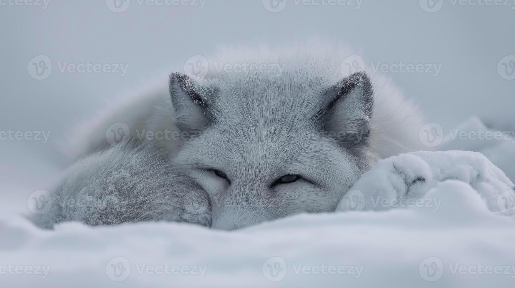 A white Arctic fox lies curled in the snow, blending with the wintery environment. photo