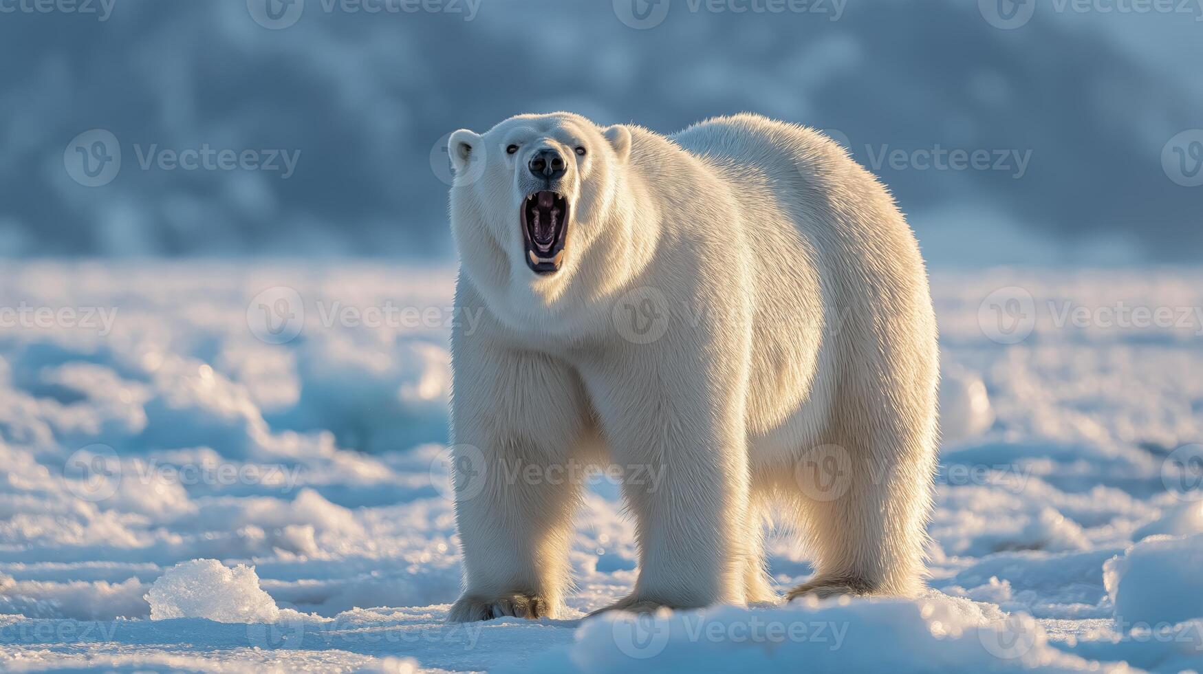 A polar bear stands on the ice, roaring in the Arctic environment under blue skies. photo