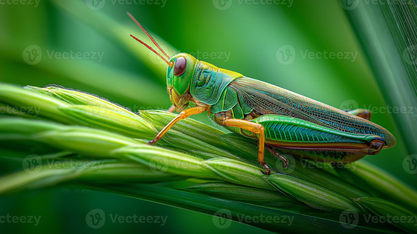 A bright green grasshopper sits on a rice plant, highlighting its details and environment. photo